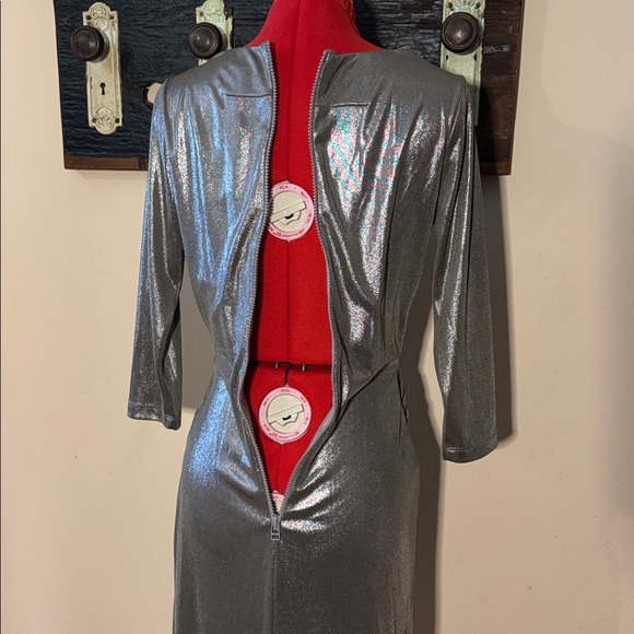 Pink Tartan Metallic Platinum Silver Drape Twist Long Sleeve Dress Size XS - Picture 13 of 14